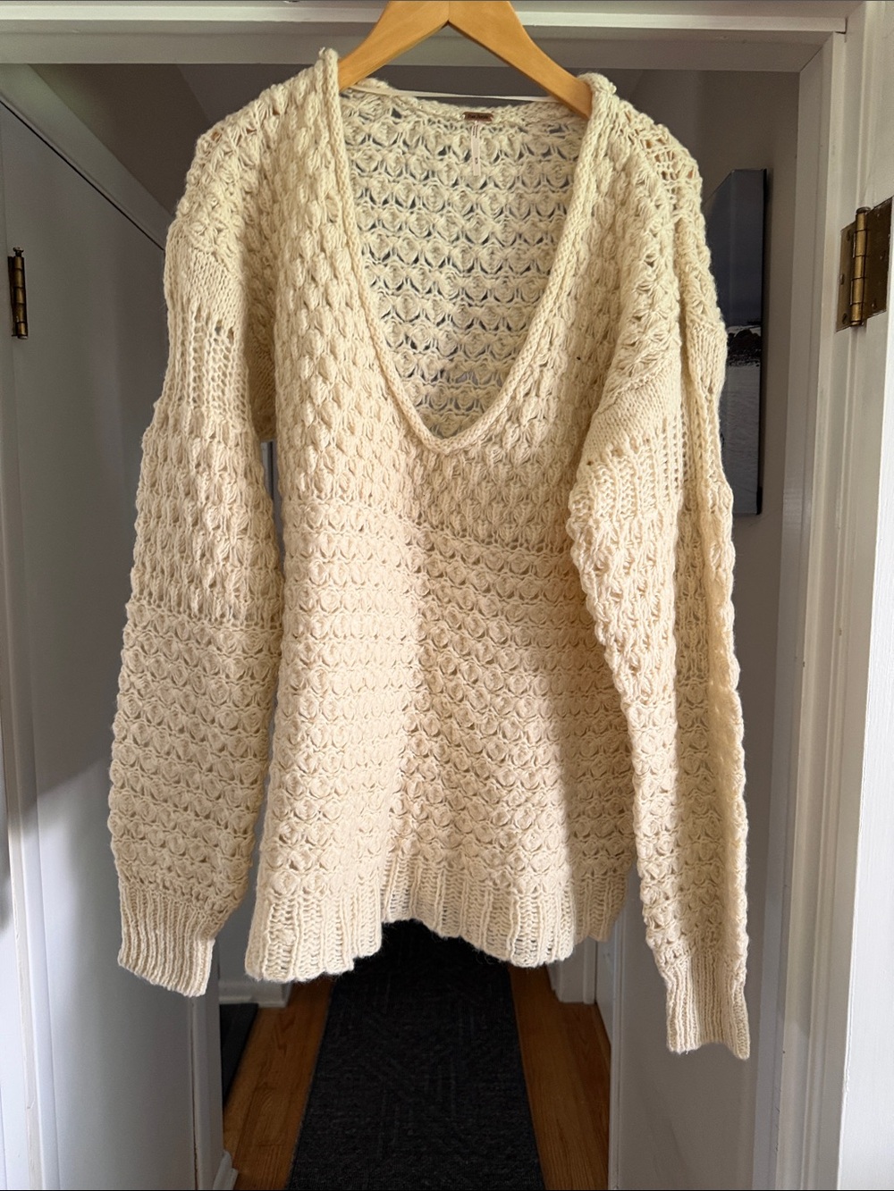 Free People Cream Open-Stitch V-Neck Sweater
